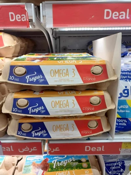 Nabídka omega 3 vajec v obchodním centru v Dubaji